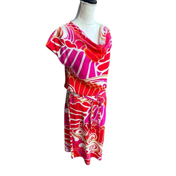 Natori Tie Waist Cowlneck Cap Sleeve Abstract Seashell Mini Dress - S - Picture 3 of 10